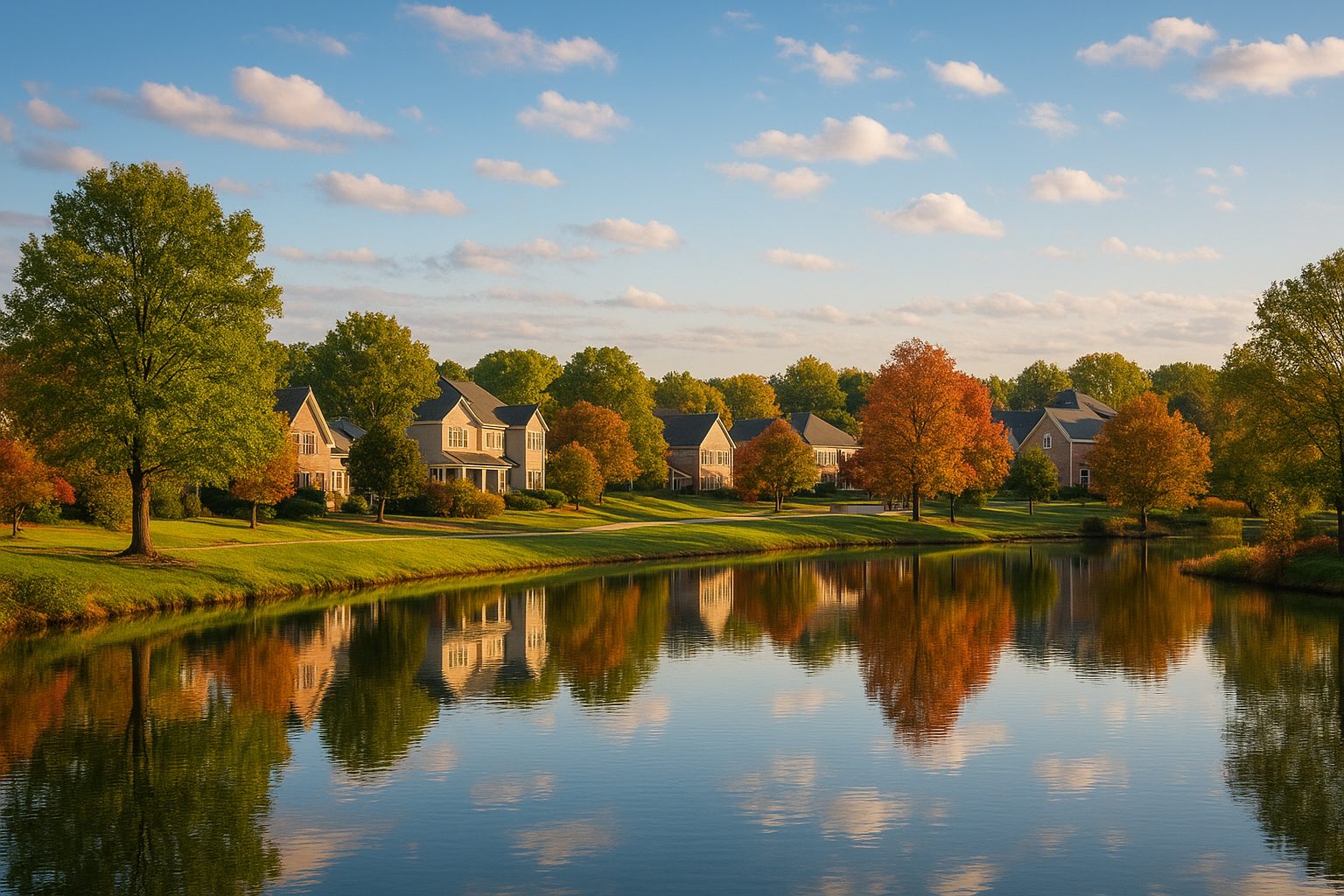 Suburban homes along a calm lake in the Charlotte area, surrounded by autumn trees reflecting in the water under a blue sky with scattered clouds.