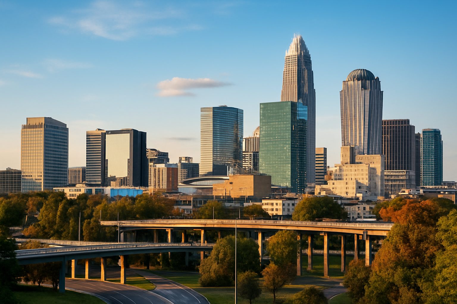 Charlotte NC downtown skyline with Bank of America tower and modern skyscrapers viewed from highway overpass with autumn trees in foreground